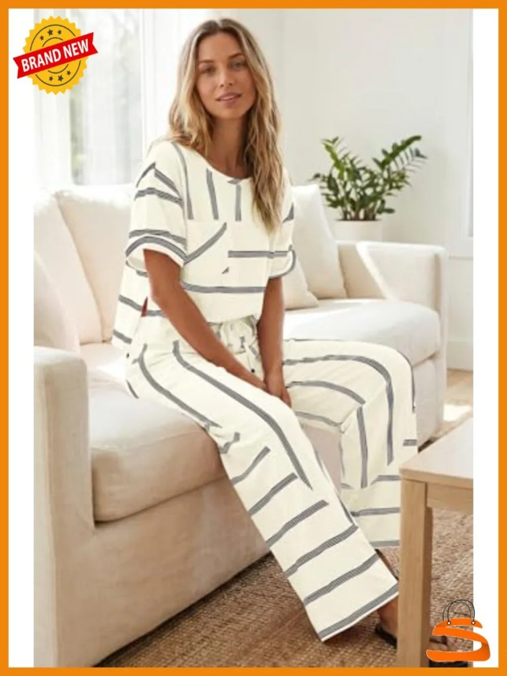 Womens Striped Lounge Set 2 Piece Vacation Short Sleeve Top Wide Leg Pants with